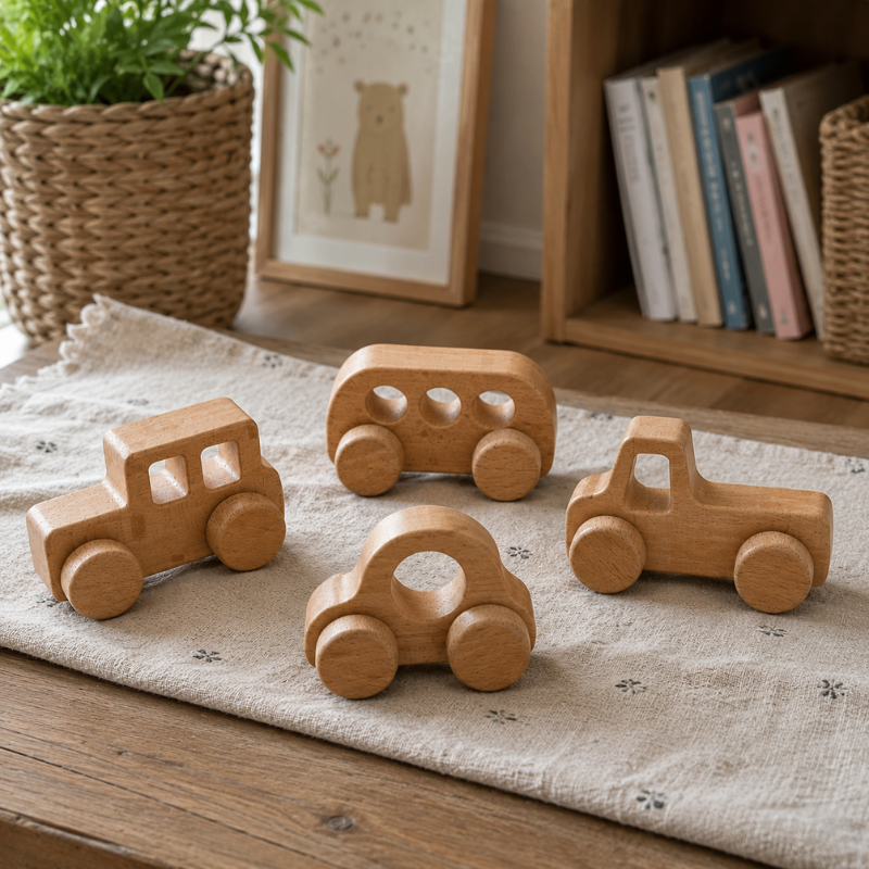 Handmade Wooden Toy Vehicle Set.