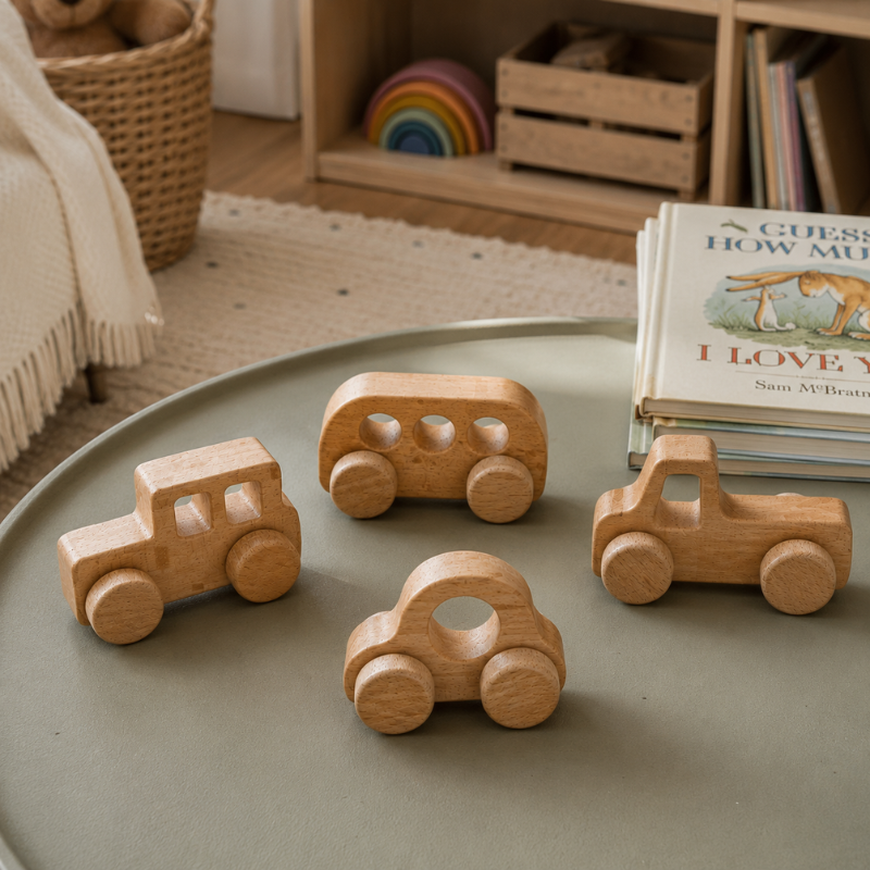 Handmade Wooden Toy Vehicle Set.